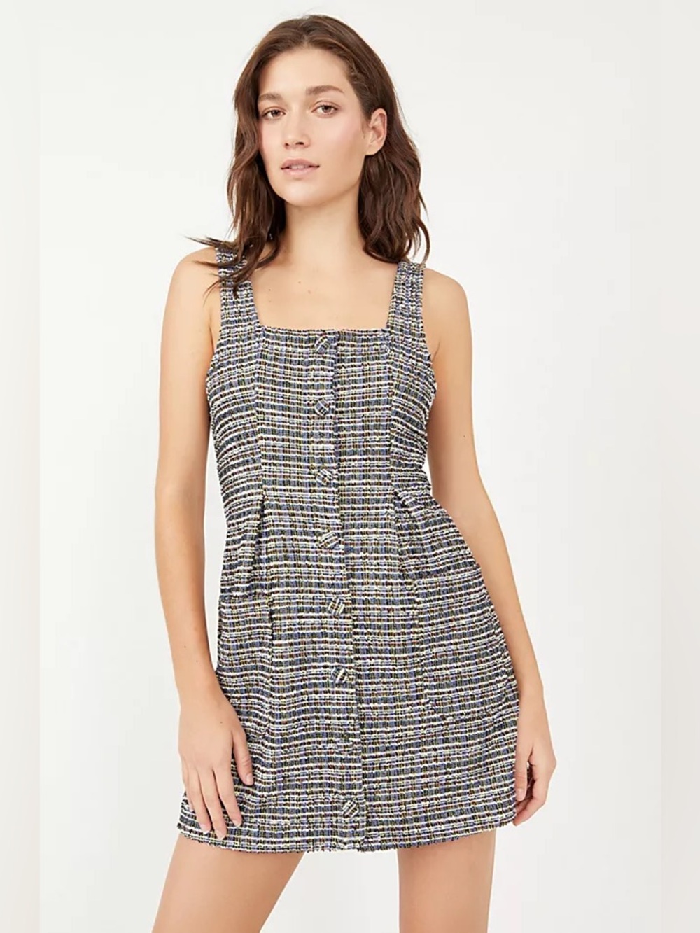 Free People Maxx Mini Tweed Shift Dress, Midnight Combo, Size Small